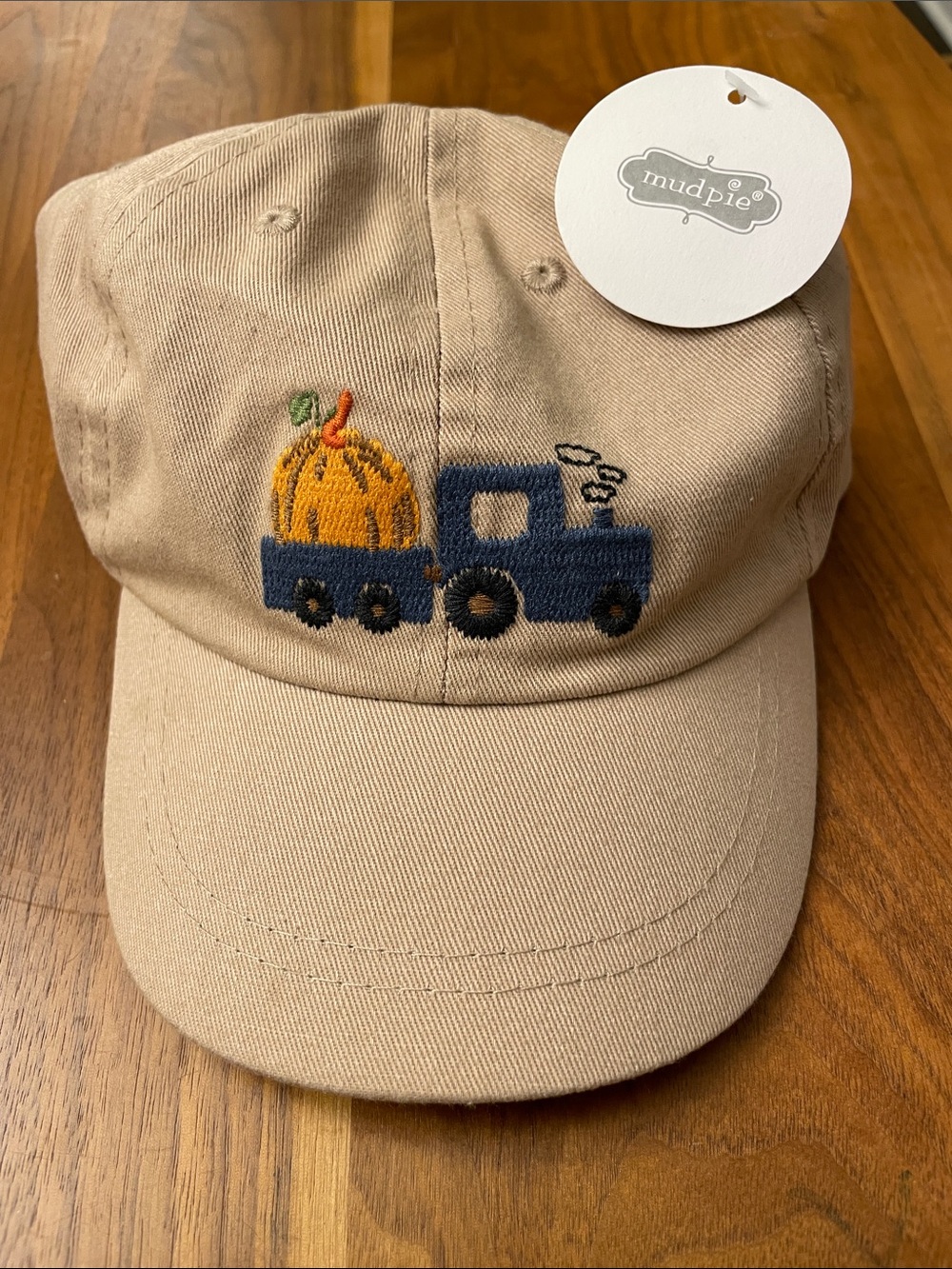 Mud Pie Toddler Tan Cap with Blue Truck and Orange Pumpkin Embroidery